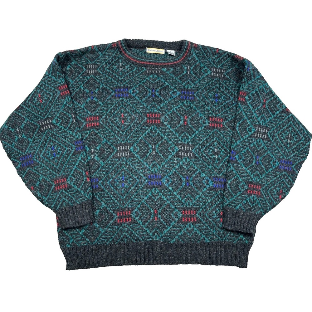 Vintage Grandpa Sweater Men Large Green Geometric Acrylic Knit Golf 90s Cosby